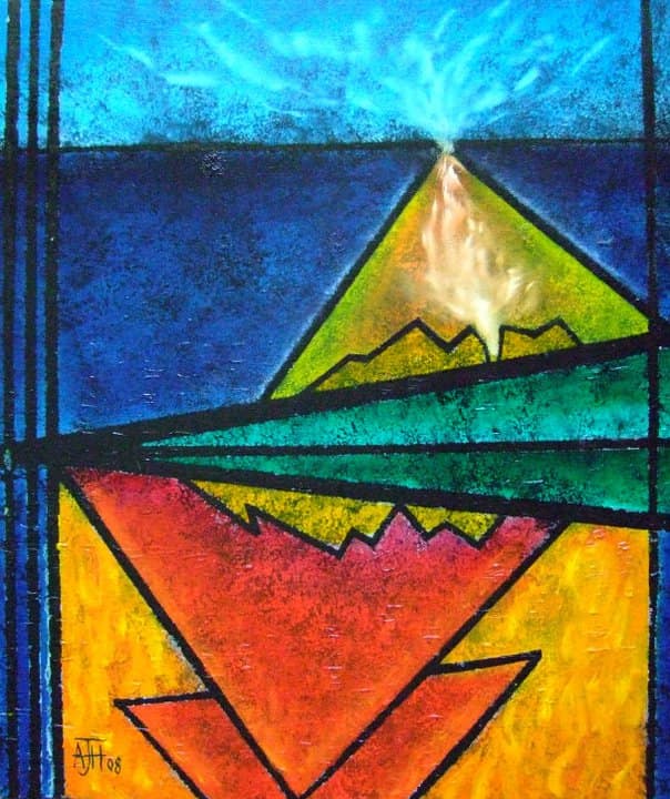 Colourful abstract painting of a mountain beneath a rising sun