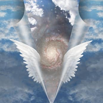 A journey of discovery Angel wings framing a spiral galaxy in a cloudy sky