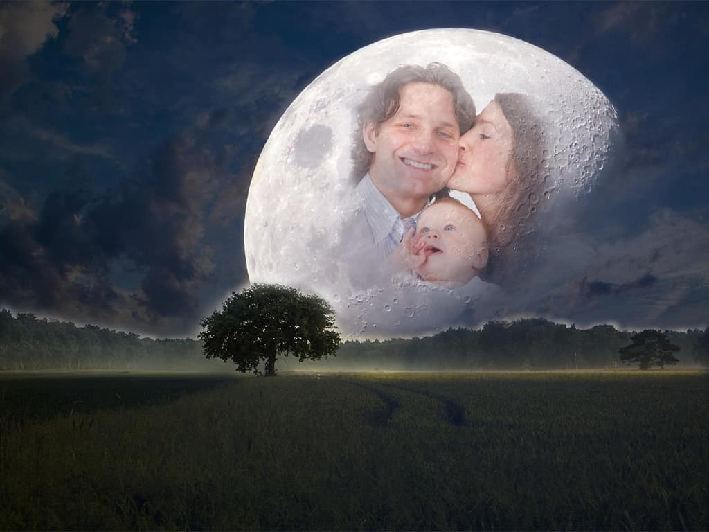 Love and connection Family pictured within a full moon above a lone tree