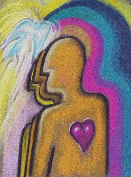 Heart and aura Painting of a human figure with a glowing heart and colourful aura
