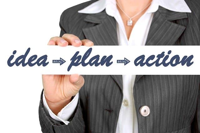 Idea, plan, action Businesswoman holding a card reading idea, plan, action