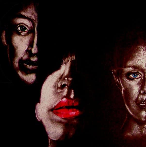 Many sides of the self Dark artwork of overlapping faces with red lips