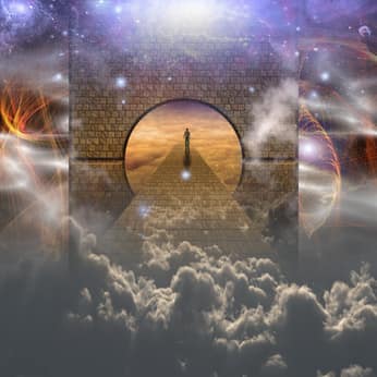 A gateway to the mind Surreal stone gateway opening onto a path through cosmic clouds
