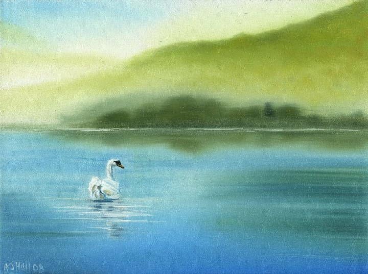 Watercolour of a swan on a calm lake beneath misty green hills