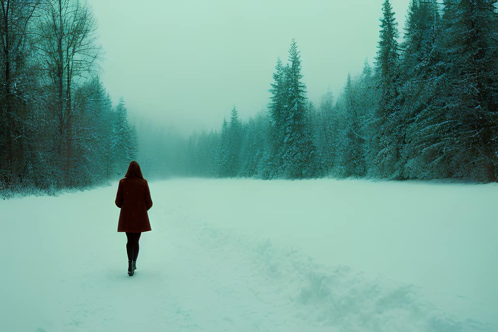 Woman walking alone along a snowy forest road